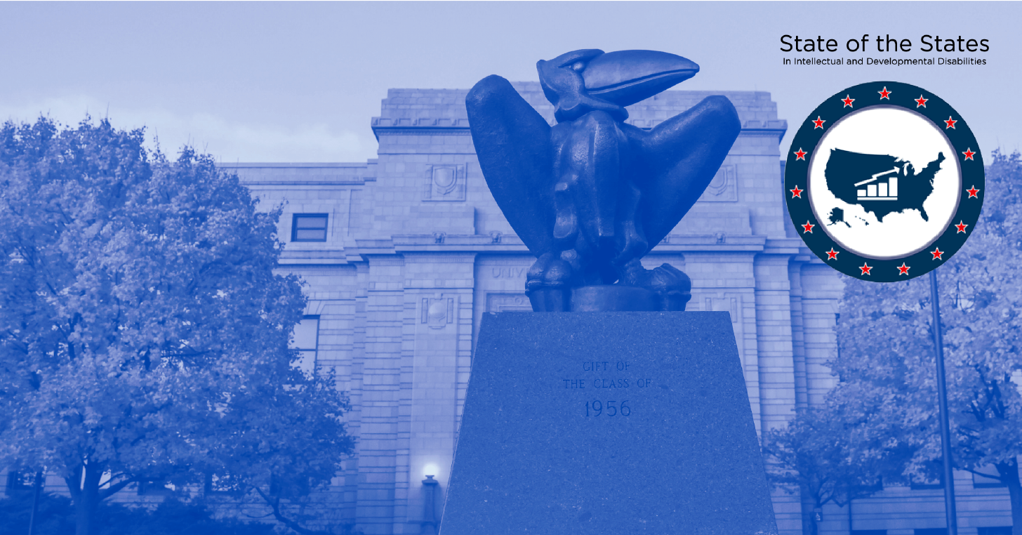Jayhawk Statue in front of Strong Hall with blue overlay and inset State of the States Logo