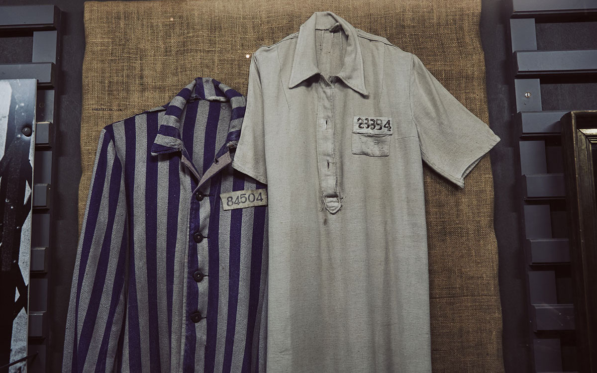 Images of concentration camp clothing from a Holocaust museum in Budapest, Hungary.