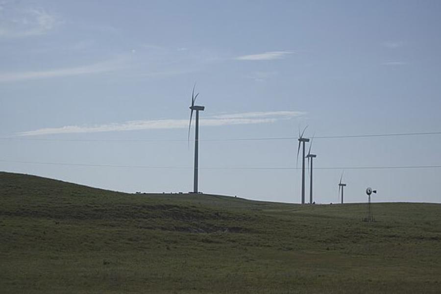 Wind farm in rural Kansas, clear sky