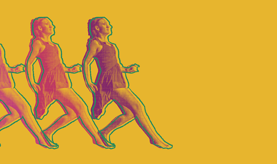 Yellow background. Pink, purple and green photo illustration of a dancer running and stopping with her body at a 45 degree angle