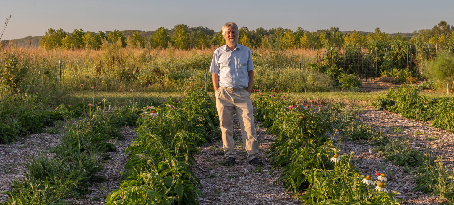 Dr. Kelly Kindscher standing in the University of Kansas Medicinal Garden.