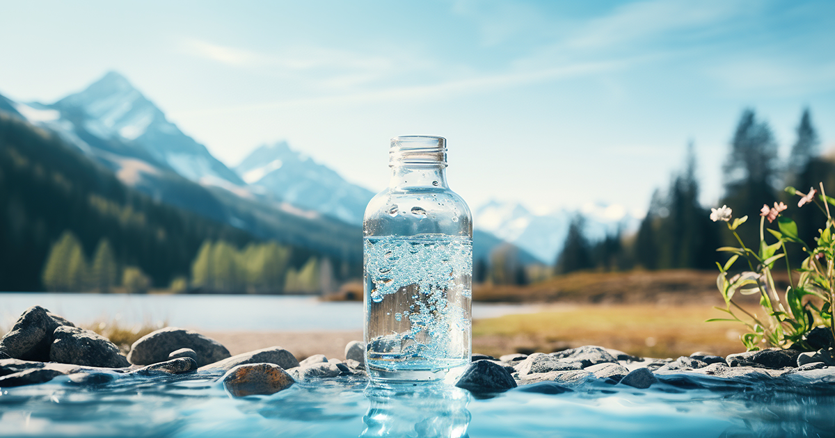 A glass bottle of drinking water sits in a steam framed by pine trees and mountains in the distance.