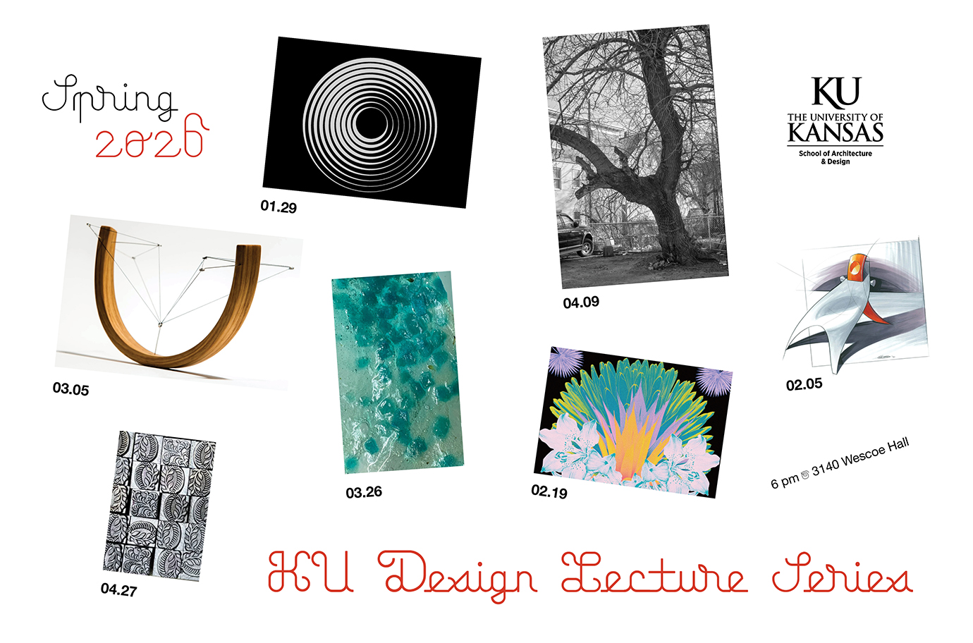 Logo for the spring 2026 KU Design Lecture Series with small images representing the work of each of the 7 speakers.