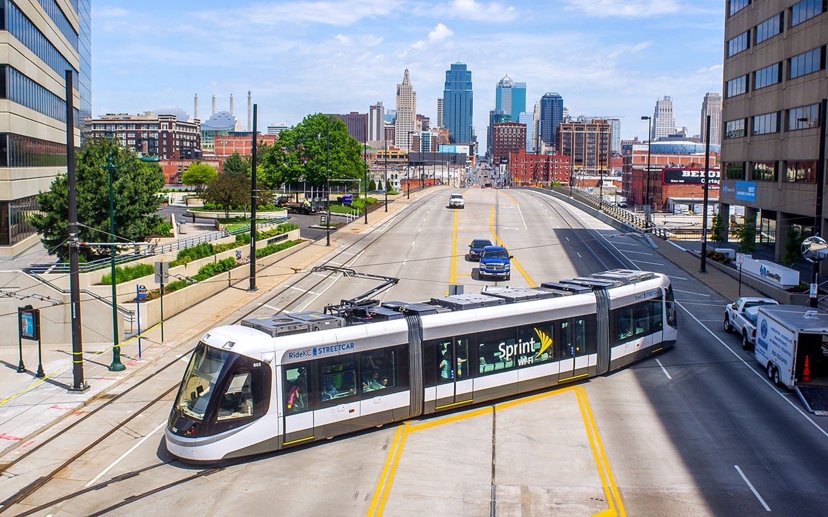 A photo of the Kansas City, Mo. streetcar system traveling toward the downtown area.