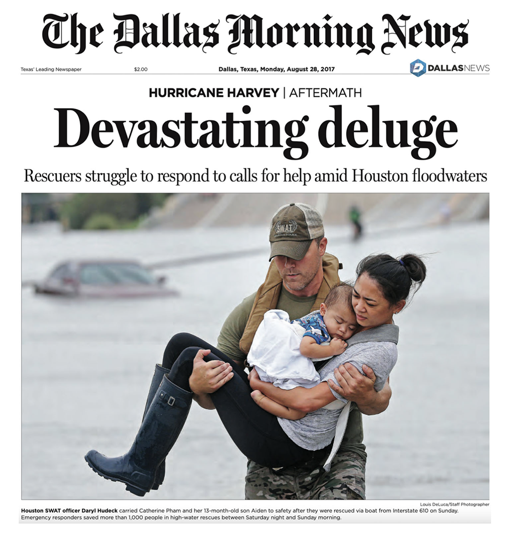 Part of Dallas Morning News front page, with focus on hurricane centerpiece story.