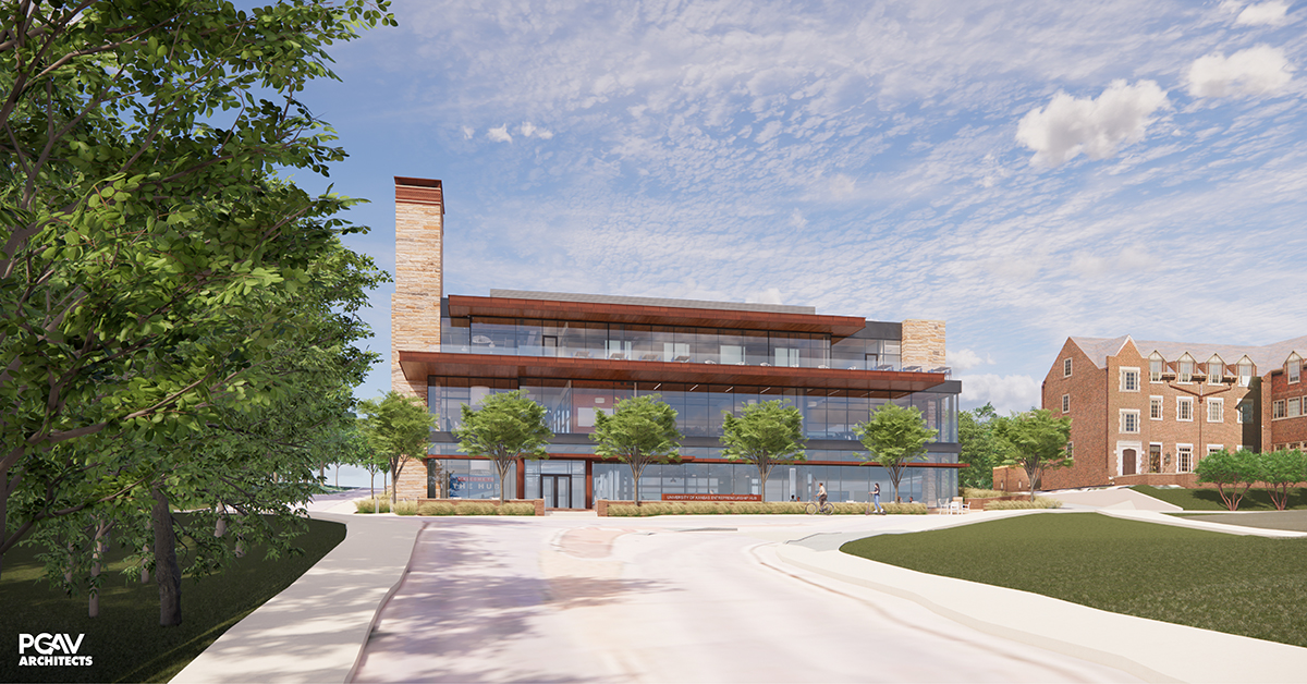 A rendering of the new KU Entrepreneurship Hub, viewed from Naismith Drive approaching Crescent Road. The Chi Omega house can be seen just east of The Hub.