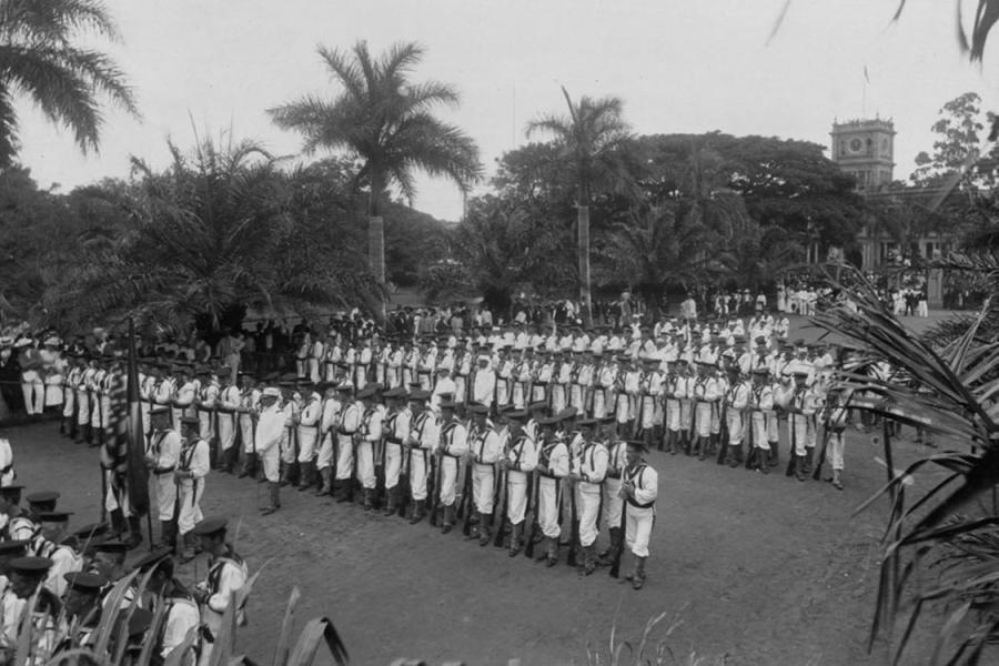 An image of United States Marines at the annexation of Hawaii in 1898.