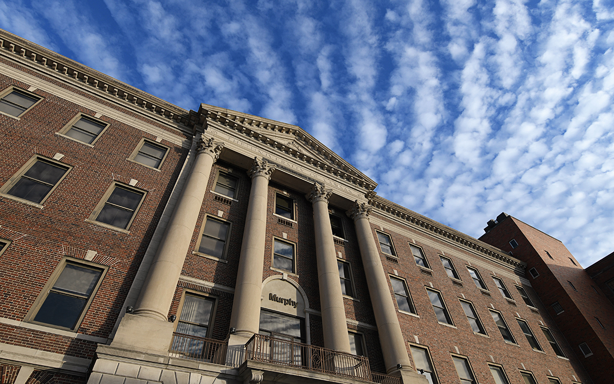 Clouds outside Murphy Hall, part of the University of Kansas School of Medicine