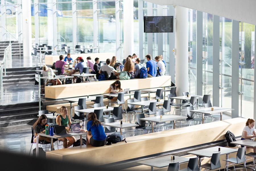 Students eat at Courtside Cafe in the DeBruce Center at the KU Lawrence campus.