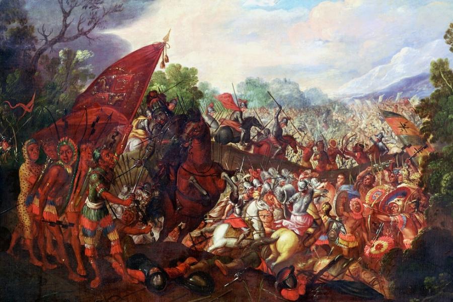 A painting depicts the Battle of Otumba, which occurred in 1520 between the Spanish forces of Cortés and the Aztec empire.