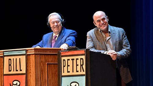 Bill Kurtis and Peter Sagal on the set of NPR's "Wait, Wait ... Don't Tell Me!"
