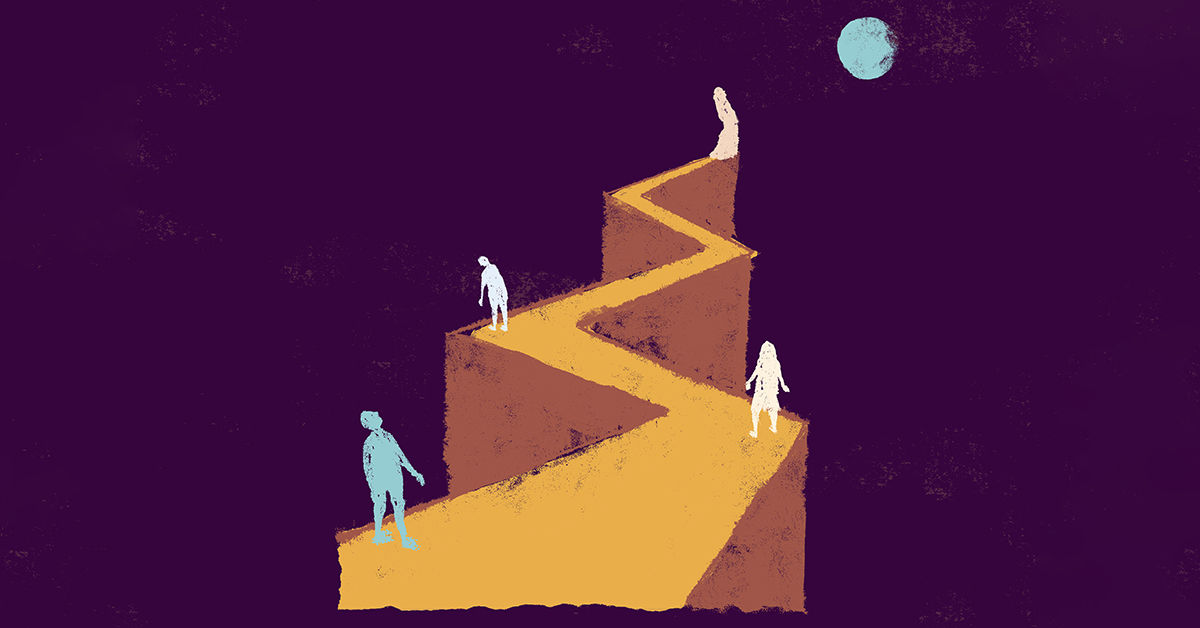 Illustration of zigzag path with people standing at various places on it. Small moon in the corner