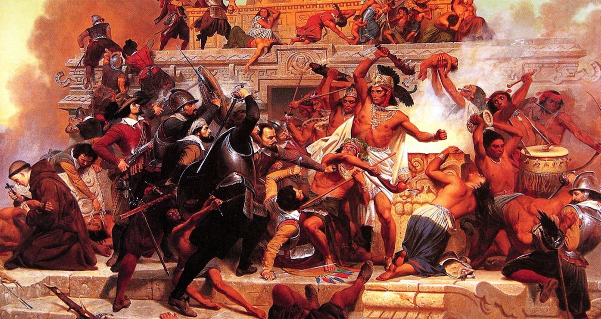 A painting depicts the storming of Teocalli by the Spanish conquistador Cortez.
