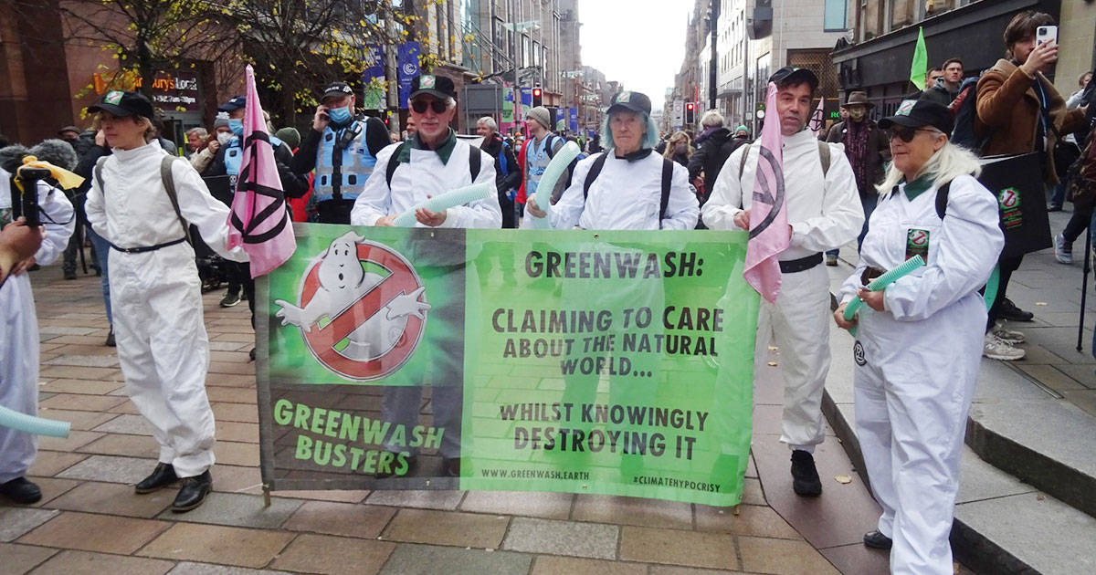 A 2021 protest against greenwashing at the site of a planned airport expansion in Bristol, England. Credit: Stay-Grounded.org