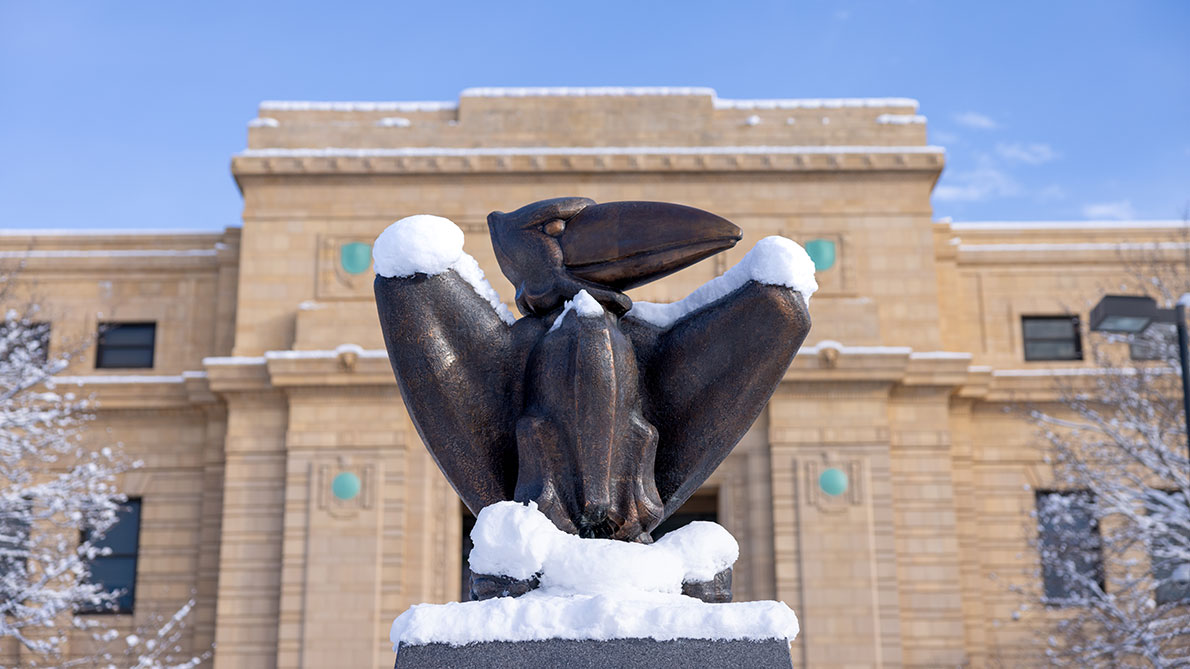 Bronze Jayhawk statue in front of Strong Hall dusted with snow.