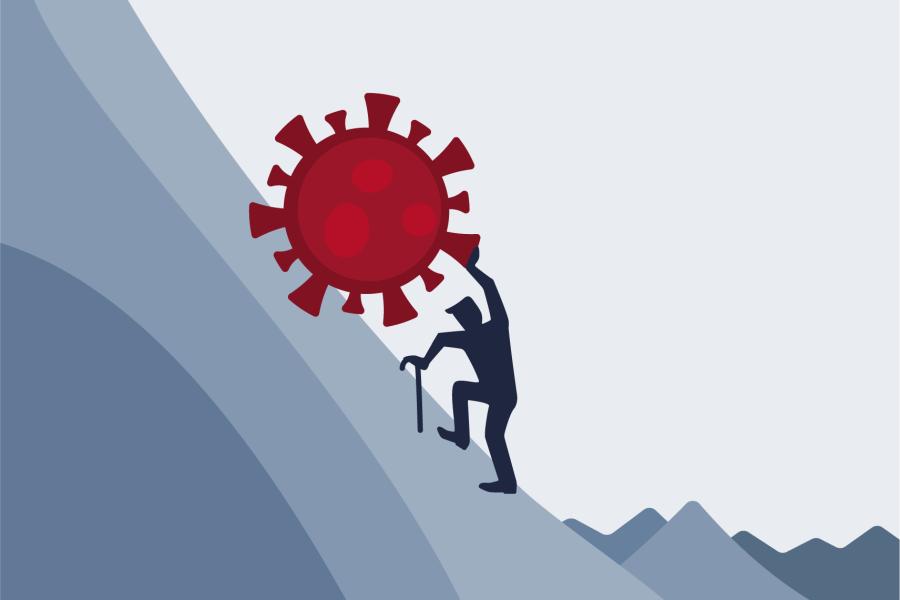 A man with a cane struggles to push a giant covid virus uphill