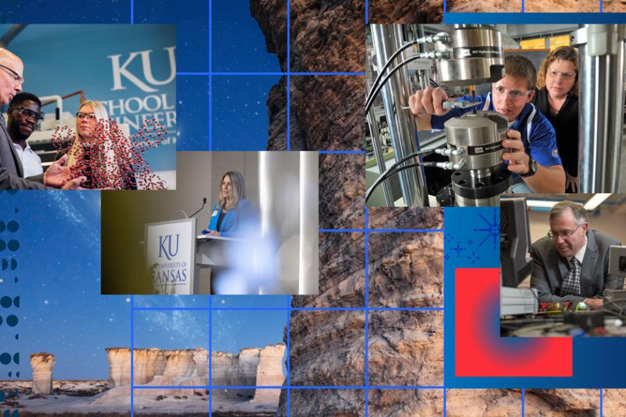 An assortment of KU faculty and students in university research settings against a backdrop of a geological formation in Kansas.