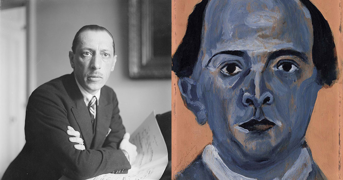 Image: The photograph of Igor Stravinsky (left above) circa 1900 is by Bain News Service. The painting at right is Arnold Schoenberg’s “Blue Self-Portrait.” Credit: Library of Congress (photo) and Arnold Schoenberg Center (portrait).