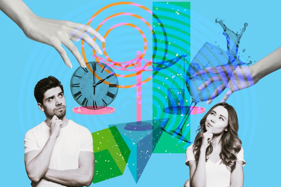 A man and a woman are thinking while looking at a scale with a clock on one side and a drink on the other side