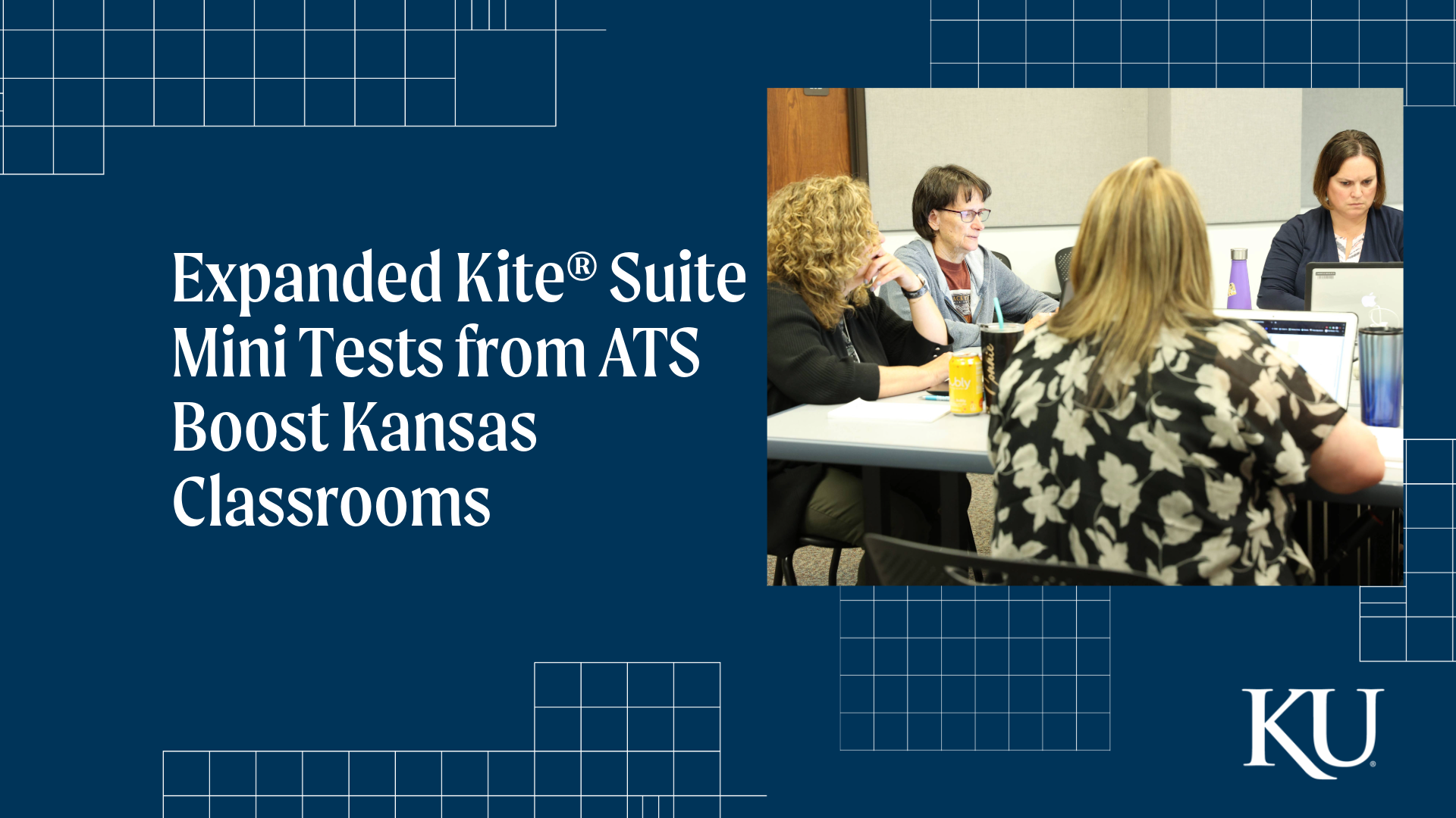 Social Image Card: Teachers working at a table. Text - Expanded Kite® Suite Mini Tests from ATS Boost Kansas Classrooms