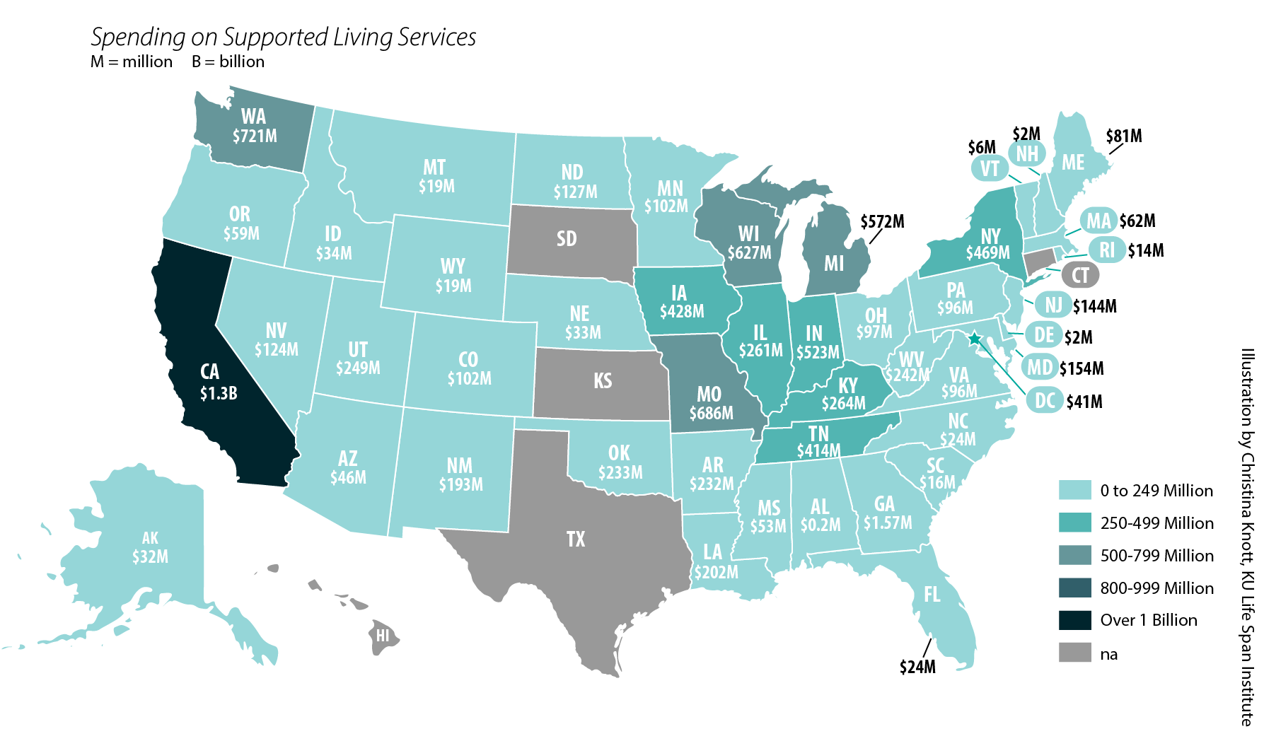 U.S. map showing spending on supported living services