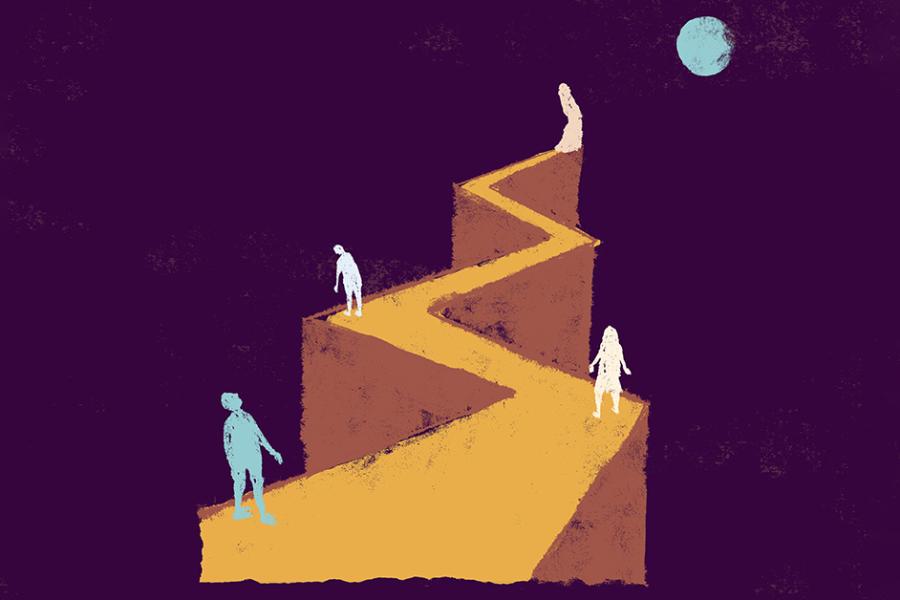 Illustration of zigzag path with people standing at various places on it