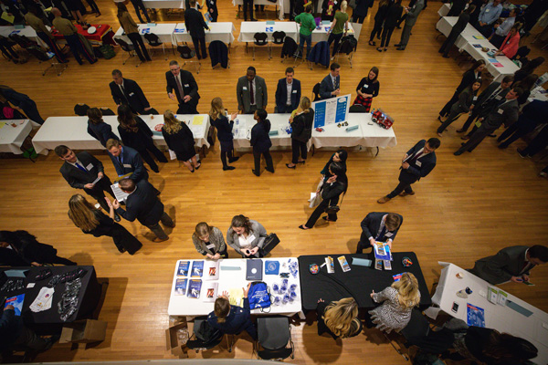KU Law students meet with employers during Legal Career Options Day at the Kansas Union in 2019.