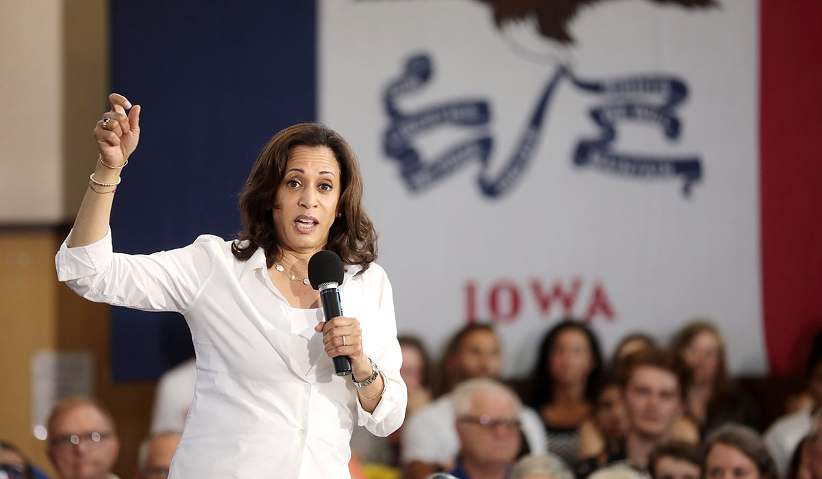 Then-U.S. Sen. Kamala Harris speaks at a campaign rally in 2019 in West Des Moines, Iowa.