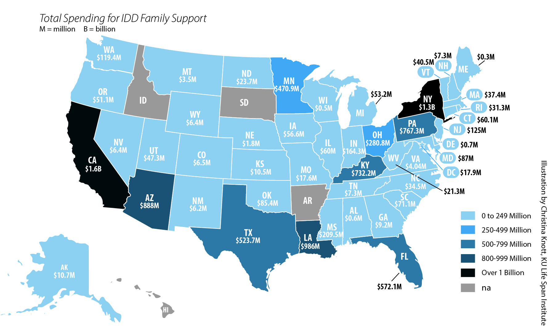 U.S. map showing total spending for IDD family support