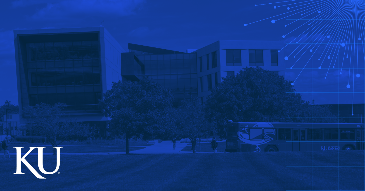 Photo of the exterior of Capitol Federal Hall with a KU bus driving down Naismith Drive in front of the building, with a KU blue overlay and grid and burst elements