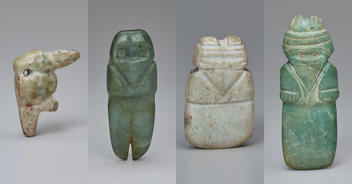 These four birdlike pendants, carved from stone, were uncovered in Costa Rica. Credit: John Tsantes, courtesy of Dumbarton Oaks Research Library and Collection.
