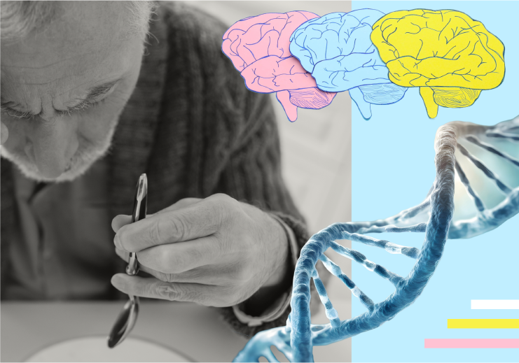 A man struggles to hold a spoon steady, with drawings of brains and an illustration of a DNA strand overlaid