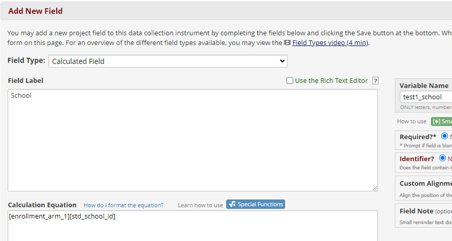 Screenshot of the Add New Field dialog showing the Calculated Field type, and the Variable Name and Calculation Equation filled out.