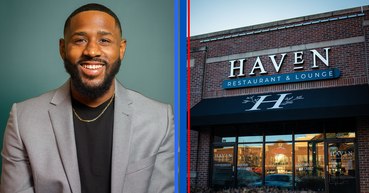 Side-by-side photos showing a headshot of Kasi Ross on the left and the exterior of his restaurant Haven on the right