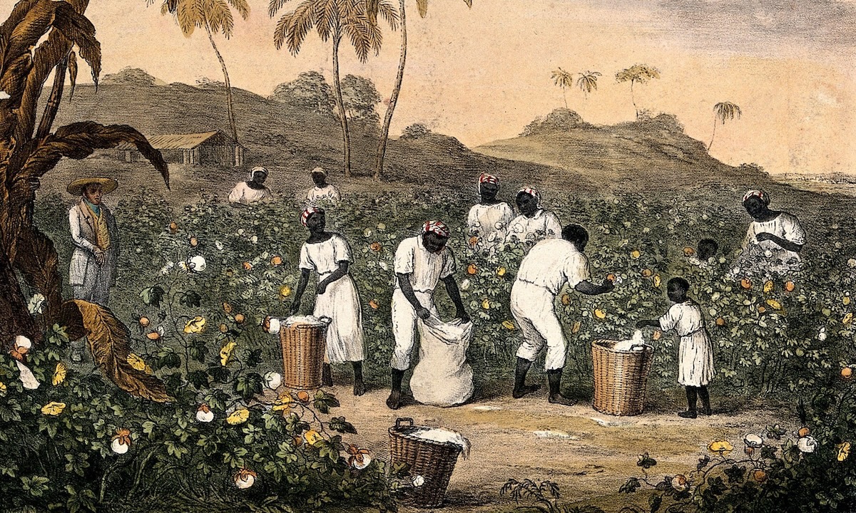 An 1840 painting depicts enslaved individuals of all ages garbed in osnaburg while picking cotton.