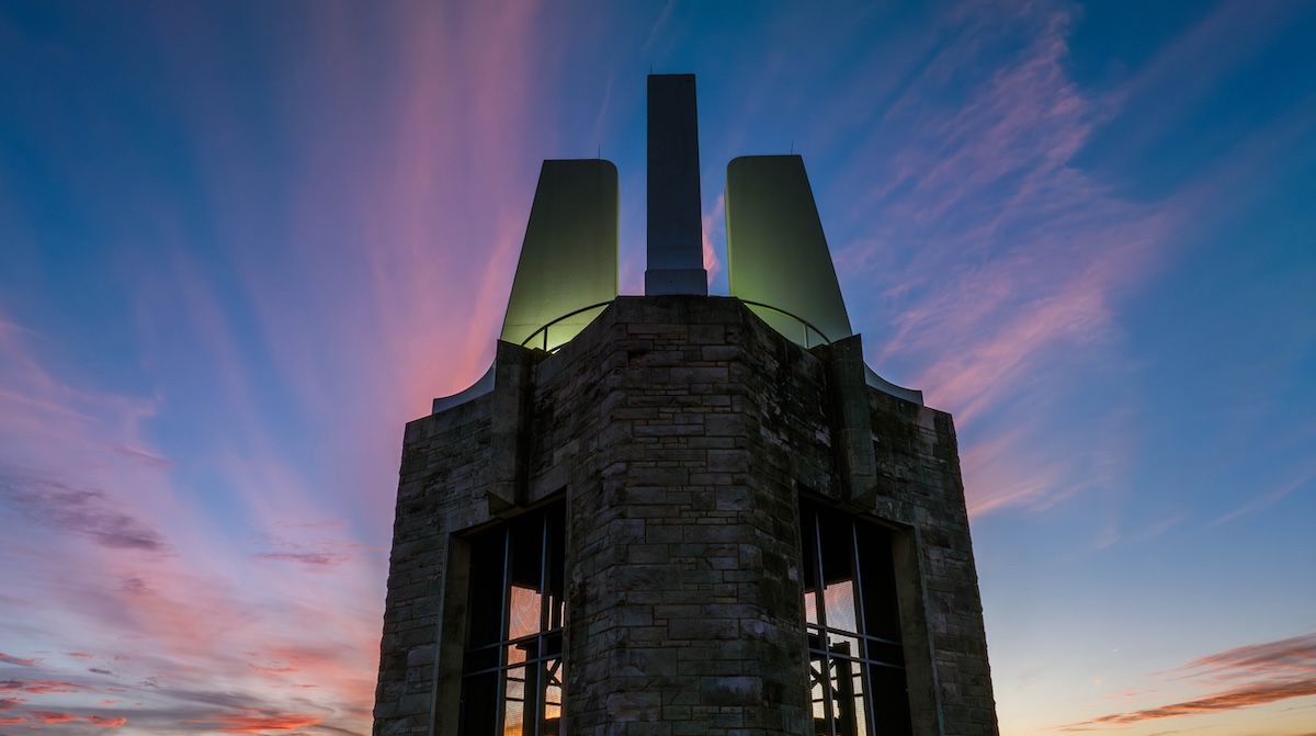 Aerial view of campanile at sunset