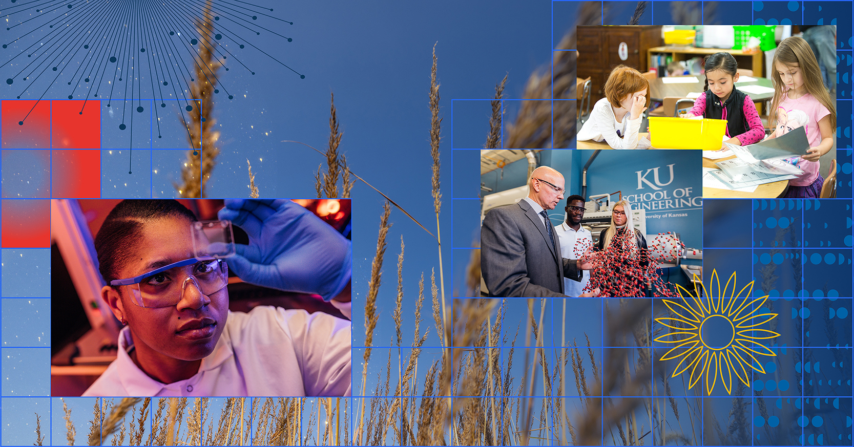 Collage of images showing a researcher in a biomedical sciences laboratory, researchers in an engineering lab space, and K-12 students in a classroom. Kansas prairie grasses create a background for the images.