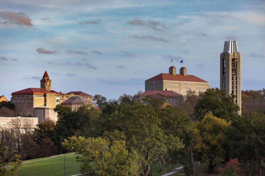 KU skyline featuring the Campanile and Fraser Hall.
