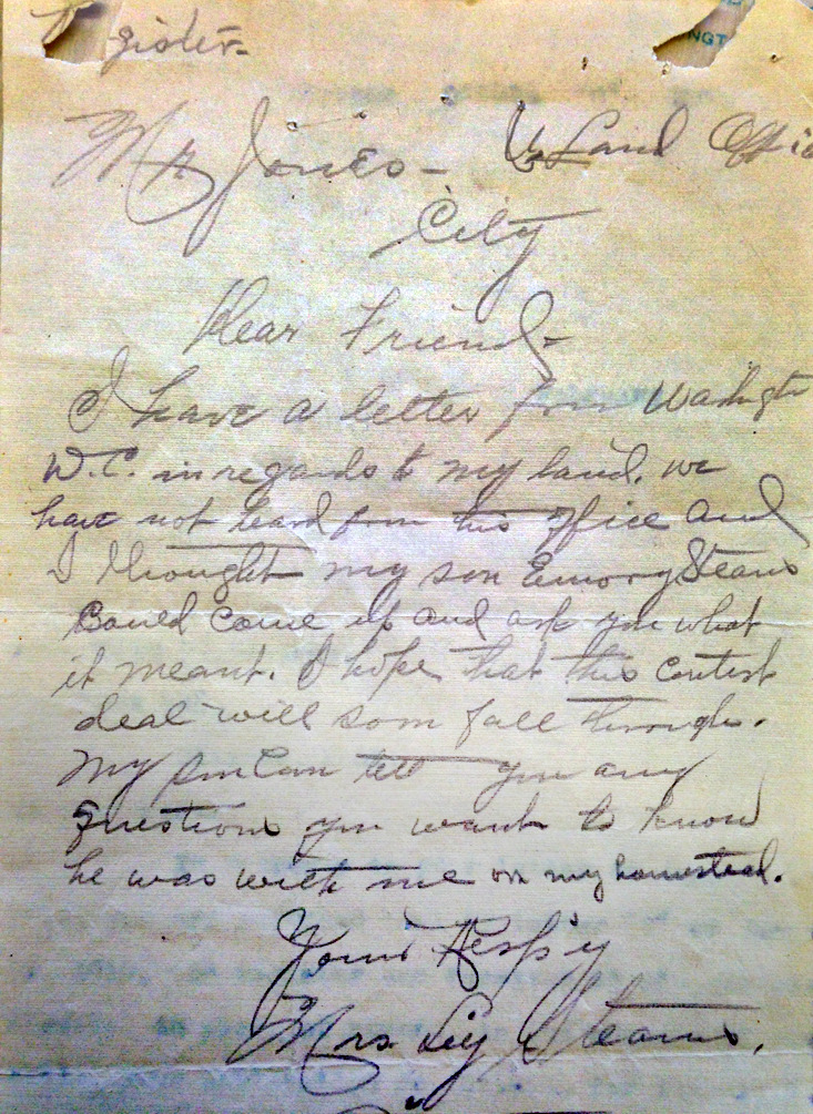 One of dozens of communications Lily Stearns mailed to federal officials. This letter to “Mr. Jones, U.S. Land Office, City,” 1914, inquired about the status of her claim.