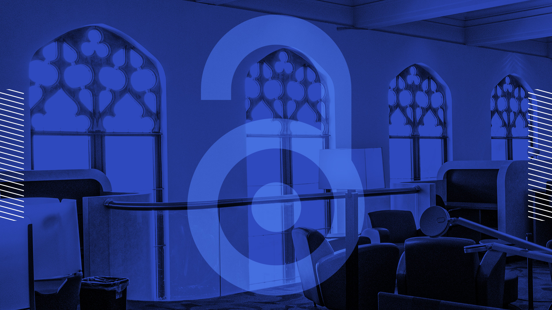 An open access logo superimposed over a shot of Watson Library's windows in blue.