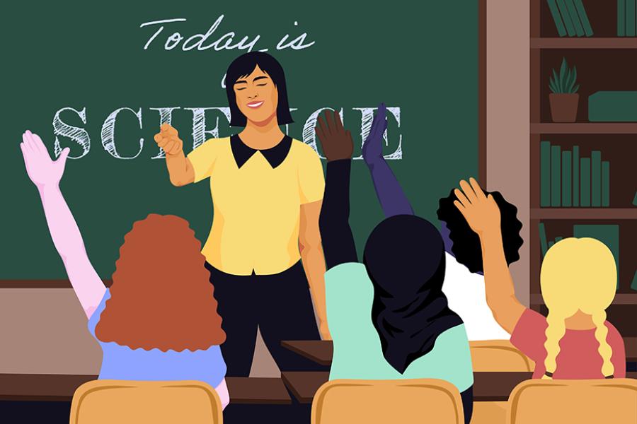 A teacher stands at the front of a room while students listen and raise their hands to speak