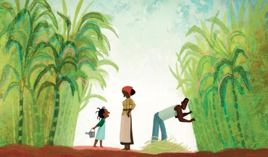 An illustrated version depicts a childhood snapshot of writer Zora Neale Hurston as she tells stories to two adults while they harvest sugar cane.