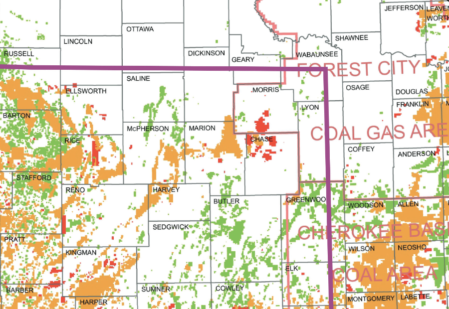 Partial Kansas map showing stratigraphic and regional trends in chemistry and quality of natural gas in central and western Kansas, Midcontinent, USA, from the cover of the book with the same title.