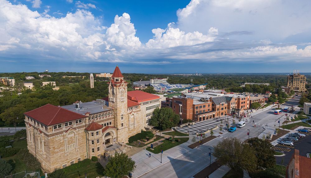Arial view of campus with Dyche and Spooner halls and Kansas Memorial Union