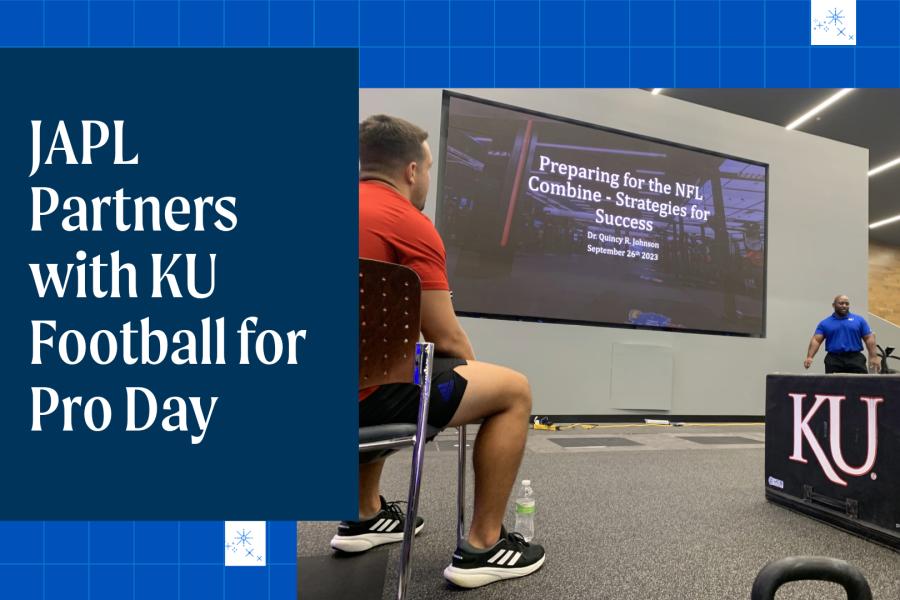 Social Card: Headline -- JAPL Partners with KU Football for Pro Day. Image of Quincy Johnson delivering a presentation.