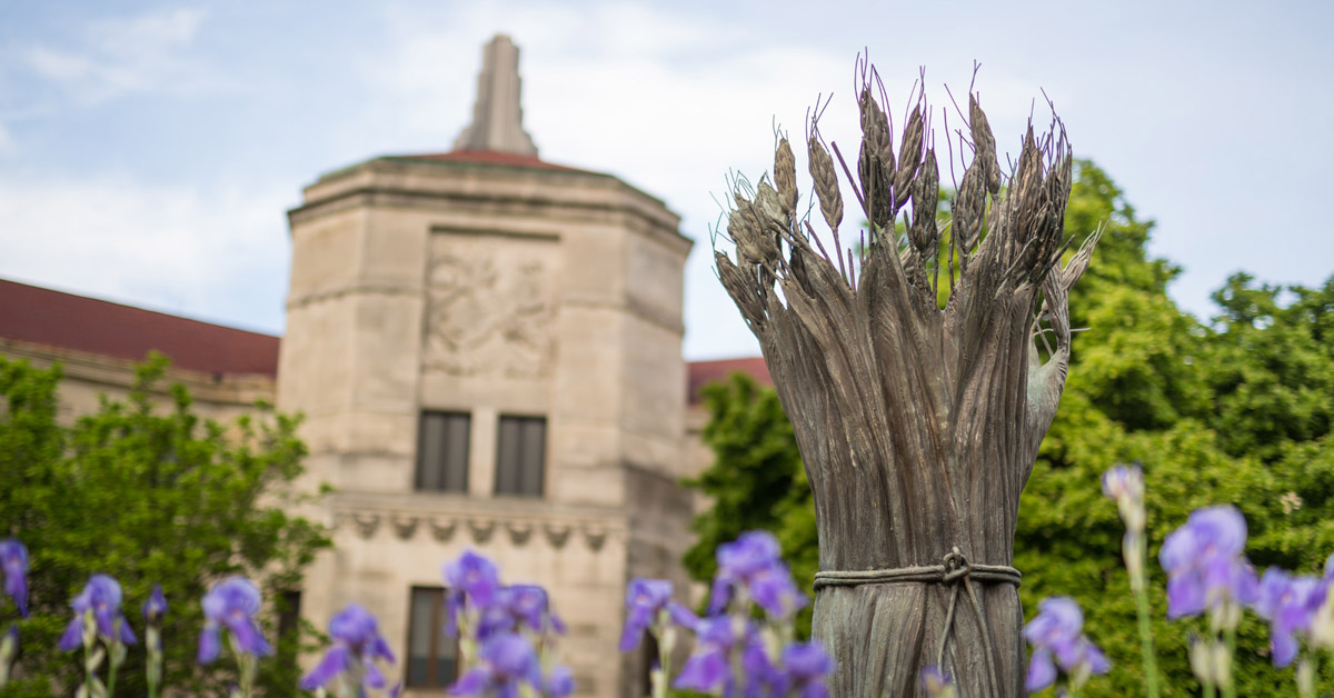 Flowers bloom in front of the School of Social Welfare building at the University of Kansas