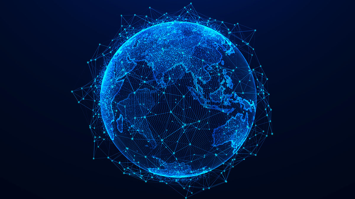 A photo illustration of the globe with digital connections between continents.