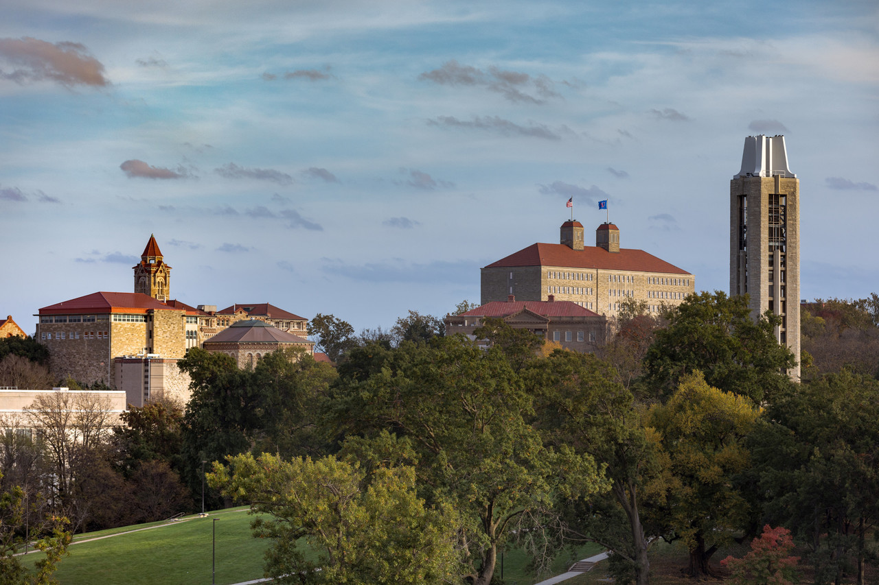 KU skyline featuring the Campanile and Fraser Hall.