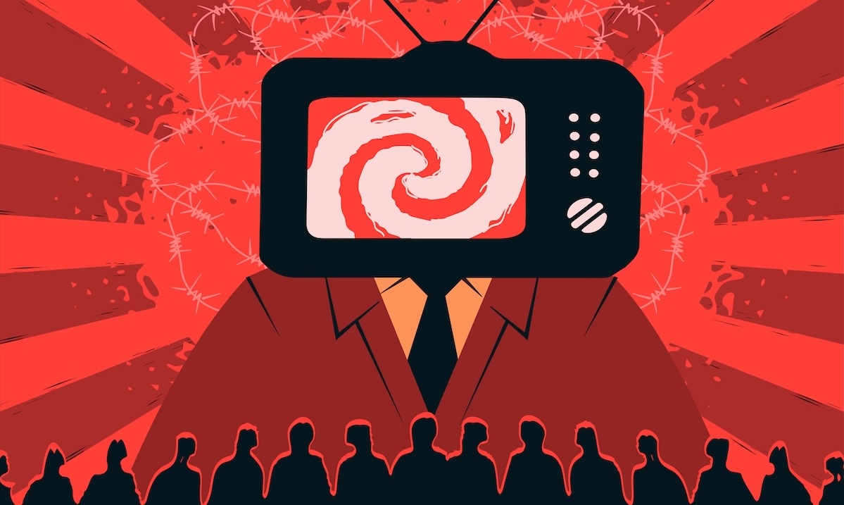 A figure with a television for a head uses misinformation to hypnotize a faceless mob.