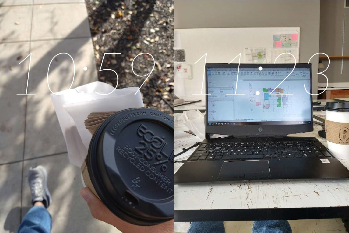 A person holding a coffee cup, walking outdoors, and a workspace with a laptop displaying a graph, a to-go coffee cup, and notepads on a desk.